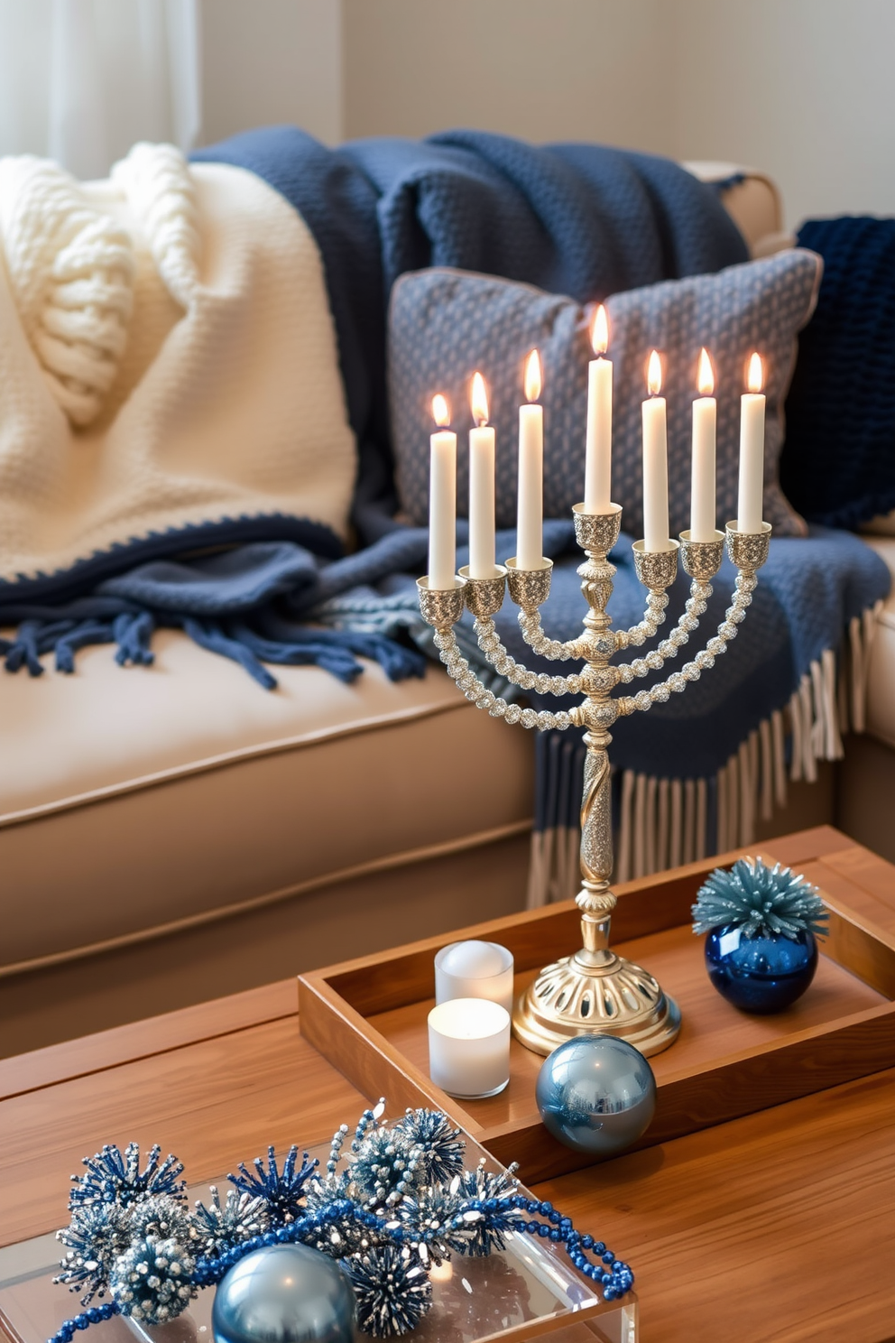 A cozy living room setting adorned with layered textures. Soft blankets in various shades of blue and cream are draped over a plush sofa, inviting warmth and comfort. Festive Hanukkah decorations bring a touch of elegance to the space. A beautifully arranged menorah sits on the coffee table, surrounded by shimmering blue and silver accents.