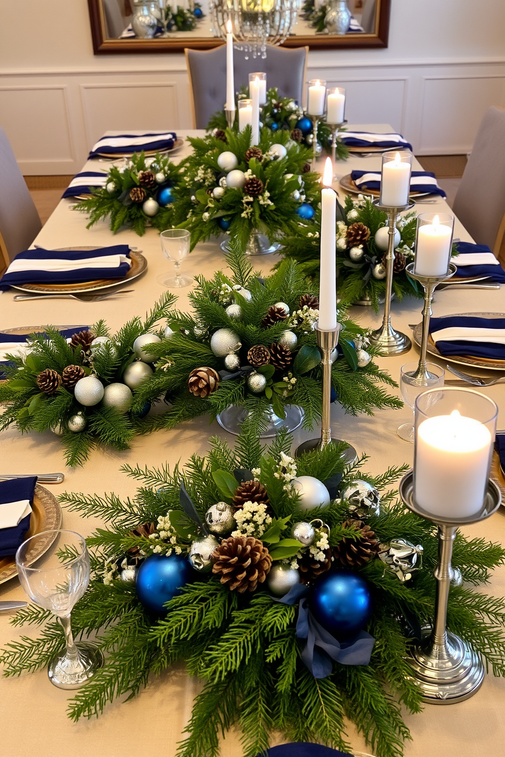 A stunning dining table adorned with a variety of creative centerpieces featuring seasonal greens. Each centerpiece showcases a mix of fresh foliage, pinecones, and delicate ornaments, creating a festive atmosphere for Hanukkah celebrations. Elegant blue and silver accents complement the greenery, enhancing the overall decor. Soft candlelight flickers from stylish holders, casting a warm glow over the inviting table setting.