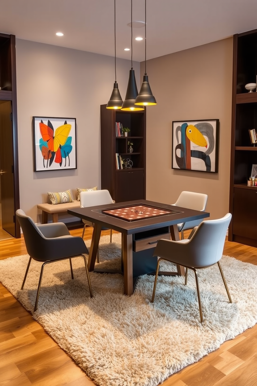 A stylish game room featuring a sleek game table with built-in storage options. The table is surrounded by comfortable, modern chairs and is positioned under warm pendant lighting, creating an inviting atmosphere for friends and family. The walls are adorned with colorful artwork that reflects the playful spirit of the space. A plush area rug lies beneath the table, adding warmth and texture to the room while enhancing the overall design.