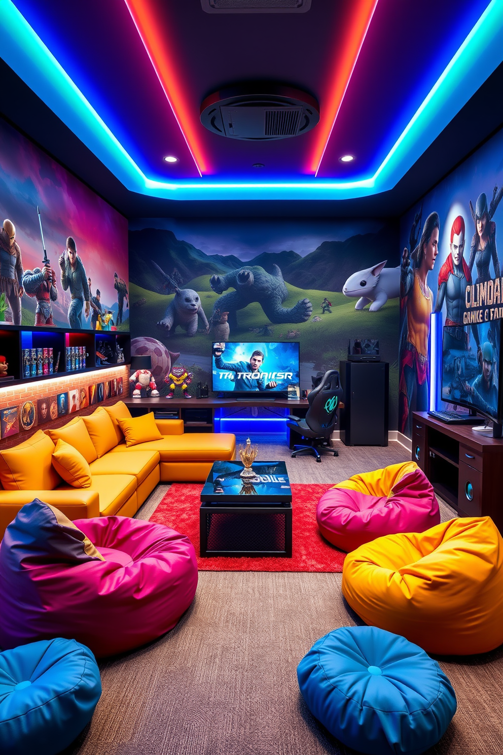 A vibrant game room inspired by favorite video games. The walls are adorned with large murals depicting iconic game characters and landscapes, creating an immersive atmosphere. Comfortable seating options include a modern sectional sofa in bold colors that reflect the gaming theme. A sleek coffee table sits in the center, surrounded by plush bean bags for additional seating. The lighting features LED strips that change color, enhancing the gaming experience. Shelves are filled with collectible figurines and game memorabilia, adding personality to the space. A dedicated gaming station showcases the latest consoles and accessories, with a large screen mounted on the wall. The flooring is a durable carpet designed for comfort during long gaming sessions.