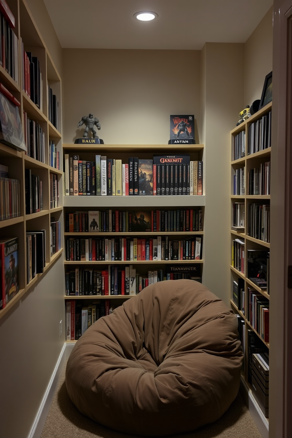 Cozy nook with gaming bookshelves. The walls are lined with custom-built shelves filled with an array of gaming books and collectibles. A plush bean bag chair sits in the corner, inviting relaxation and comfort. Soft ambient lighting creates a warm atmosphere, perfect for late-night gaming sessions.