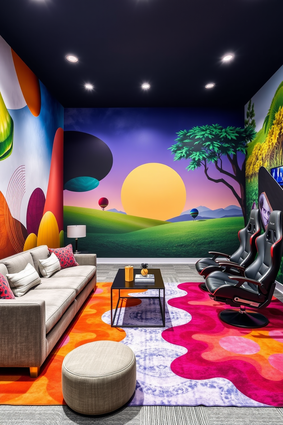 Artistic wall murals for vibrant atmosphere. The walls are adorned with large, colorful murals depicting abstract shapes and nature scenes, creating a lively and inspiring environment. Havenly Game Room Design Ideas. The game room features a mix of comfortable seating options, including a plush sectional and gaming chairs, paired with a sleek coffee table and vibrant area rugs to enhance the playful ambiance.