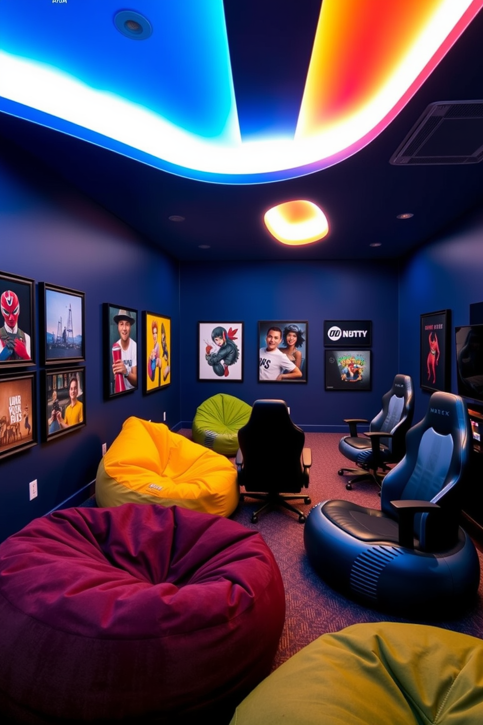 A vibrant game room filled with energy and excitement. The walls are painted in a deep navy blue, adorned with framed artwork that reflects a playful theme. LED strip lighting runs along the ceiling edges, casting a colorful glow that enhances the dynamic atmosphere. Plush seating arrangements with oversized bean bags and sleek gaming chairs create a comfortable space for relaxation and entertainment.