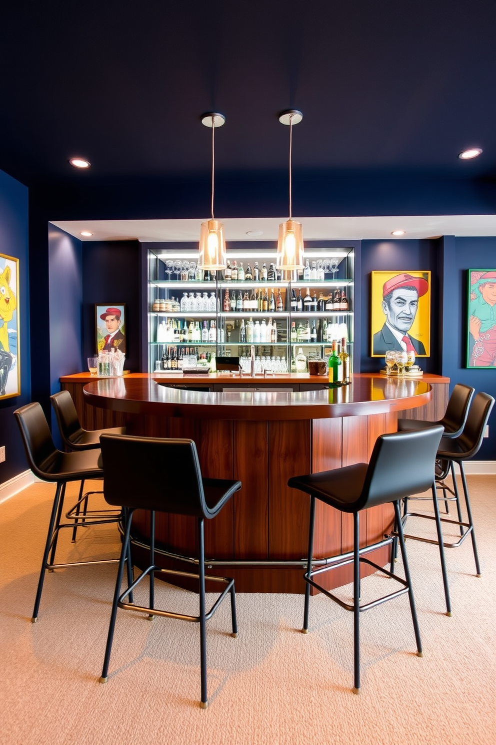 A modern game room bar featuring sleek, stylish stools arranged around a polished wooden counter. The bar is illuminated by pendant lights, creating a warm and inviting atmosphere for entertaining guests. Behind the bar, shelves are stocked with a variety of spirits and glassware, adding a touch of sophistication. The walls are painted in a deep navy blue, complemented by vibrant artwork that enhances the playful vibe of the space.