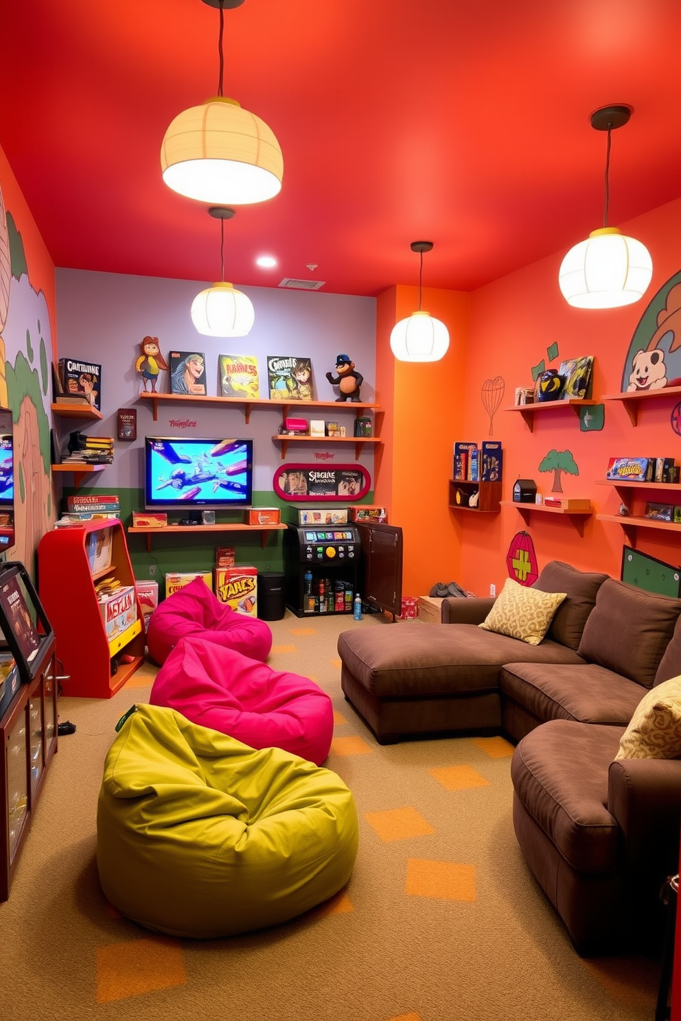 A vibrant game room filled with interactive wall games that encourage social play. The walls are adorned with colorful murals and shelves displaying board games, while a cozy seating area features bean bags and a large sectional sofa. The flooring is a soft carpet in a playful pattern, creating a comfortable atmosphere for relaxation and fun. Bright pendant lights hang from the ceiling, illuminating the space and enhancing the lively ambiance.