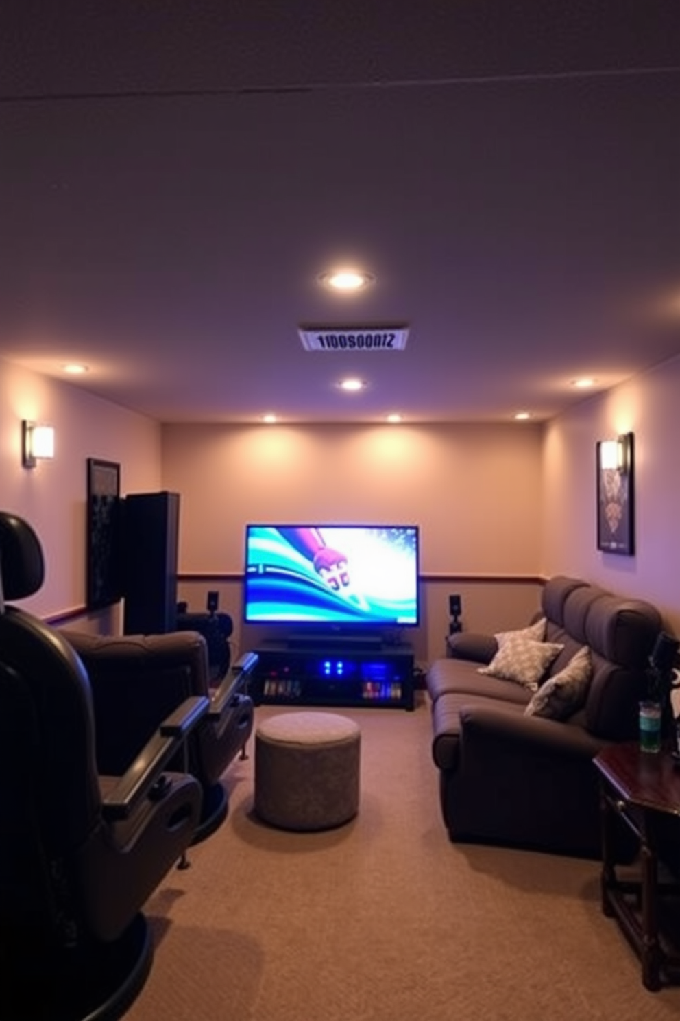 Cozy basement lounge with gaming chairs. The space features plush seating arranged around a large flat-screen TV, with soft ambient lighting creating a warm atmosphere.