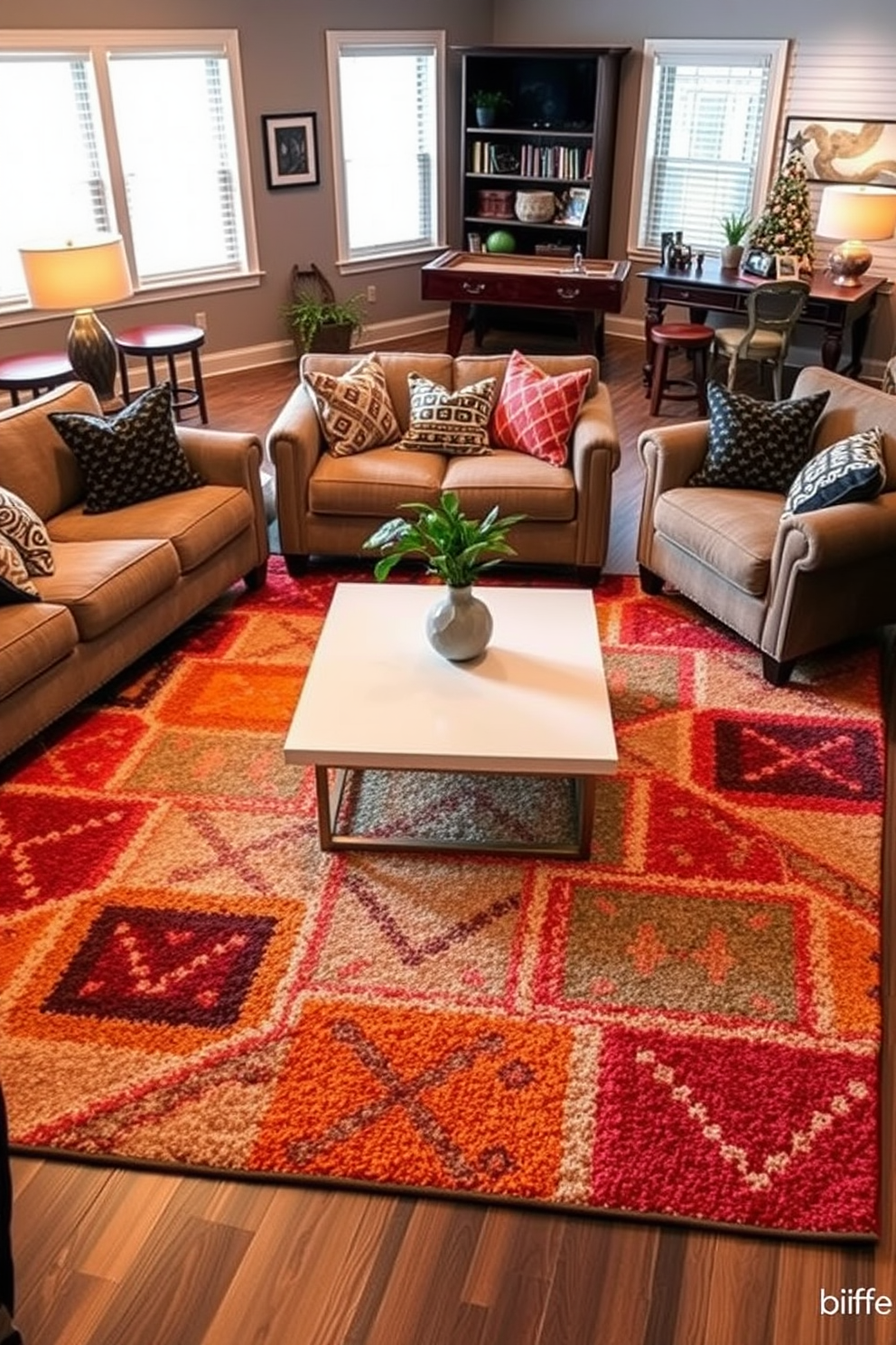 A large area rug anchors the game room, featuring a vibrant geometric pattern that adds a pop of color to the space. Plush seating surrounds a sleek coffee table, creating an inviting atmosphere for relaxation and entertainment. Incorporating a mix of textures, the rug complements the soft furnishings while enhancing the overall comfort of the room. The game room is designed with warm lighting and playful decor elements to inspire fun and creativity.