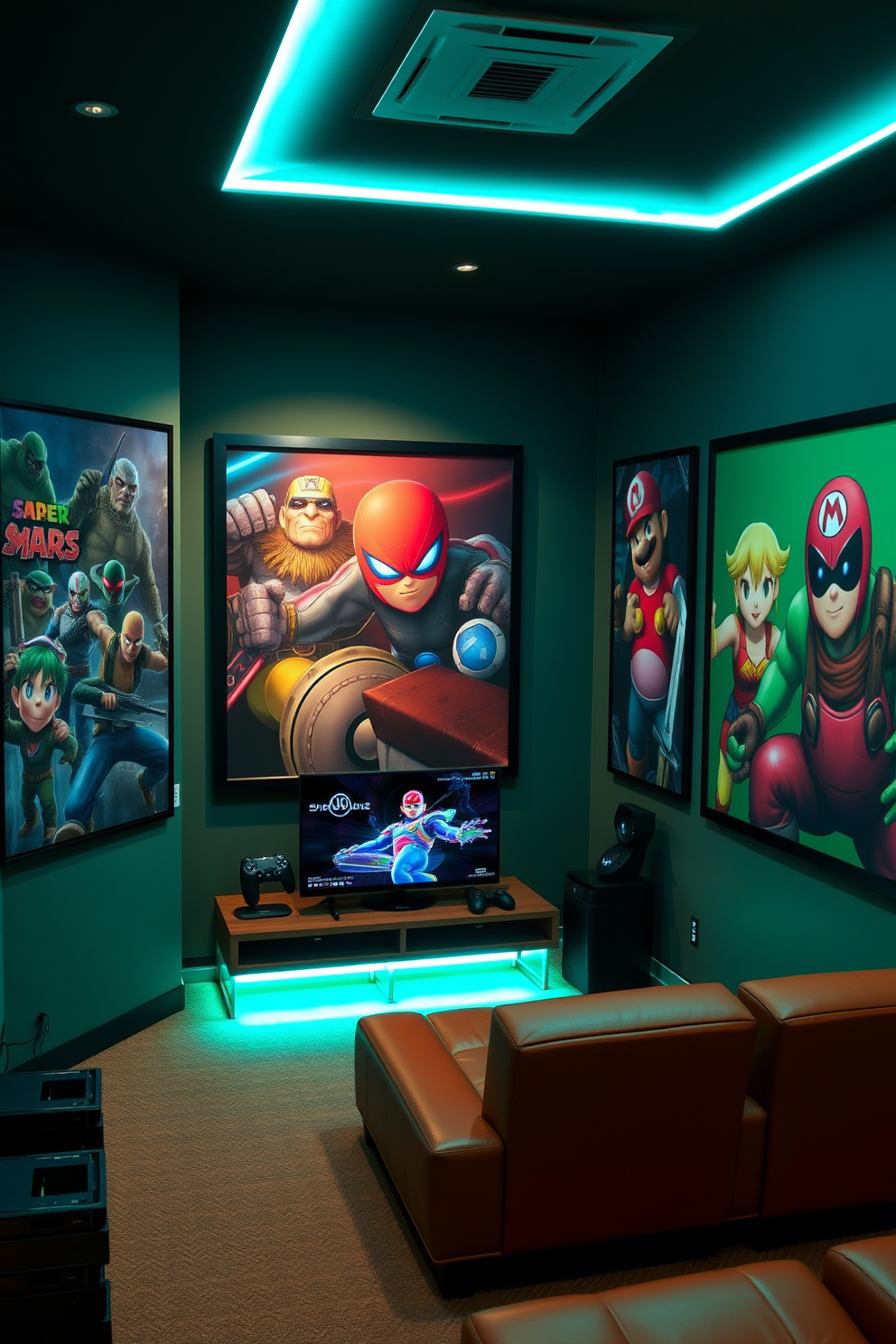 A vibrant game room showcasing wall art featuring iconic game characters. The walls are adorned with large framed prints of beloved video game heroes, creating a playful and nostalgic atmosphere. The room includes a sleek gaming console setup with comfortable seating options. Soft LED lighting highlights the artwork and enhances the overall gaming experience.