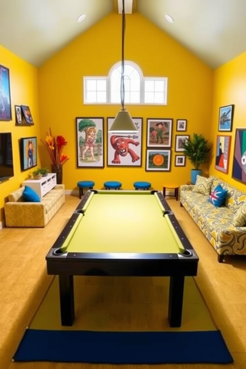 A bright and vibrant game room filled with energy and excitement. The walls are painted in a cheerful yellow, complemented by bold blue and green accents throughout the space. A large sectional sofa in a lively pattern provides ample seating for friends and family. The room features a sleek pool table at the center, surrounded by colorful artwork and playful decor that invites fun and relaxation.