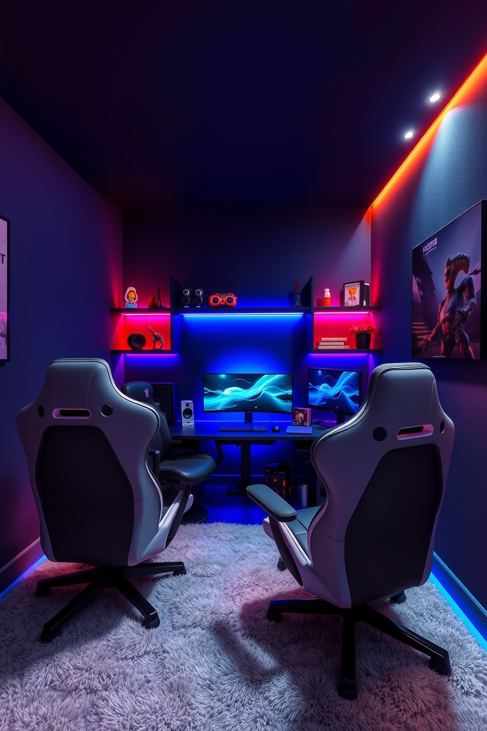 A stylish gaming corner featuring ergonomic chairs designed for comfort during long sessions. The walls are painted in a deep navy blue, and ambient LED lighting highlights the sleek gaming setup. A modern desk holds multiple monitors, surrounded by shelves displaying collectibles and gaming gear. Soft, plush rugs provide warmth underfoot, creating an inviting atmosphere for gaming enthusiasts.