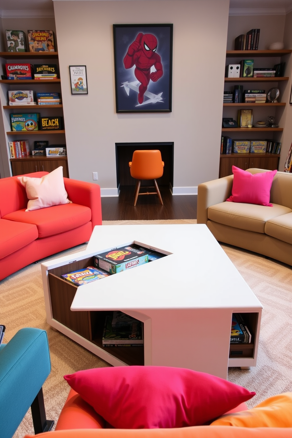 A sleek coffee table designed for snack storage sits at the center of a modern game room. The table features a minimalist design with a glossy finish and hidden compartments for easy access to snacks and games. Surrounding the coffee table are plush seating options in vibrant colors, creating an inviting atmosphere for friends and family. The walls are adorned with playful artwork and shelves filled with board games, enhancing the fun and relaxed vibe of the space.