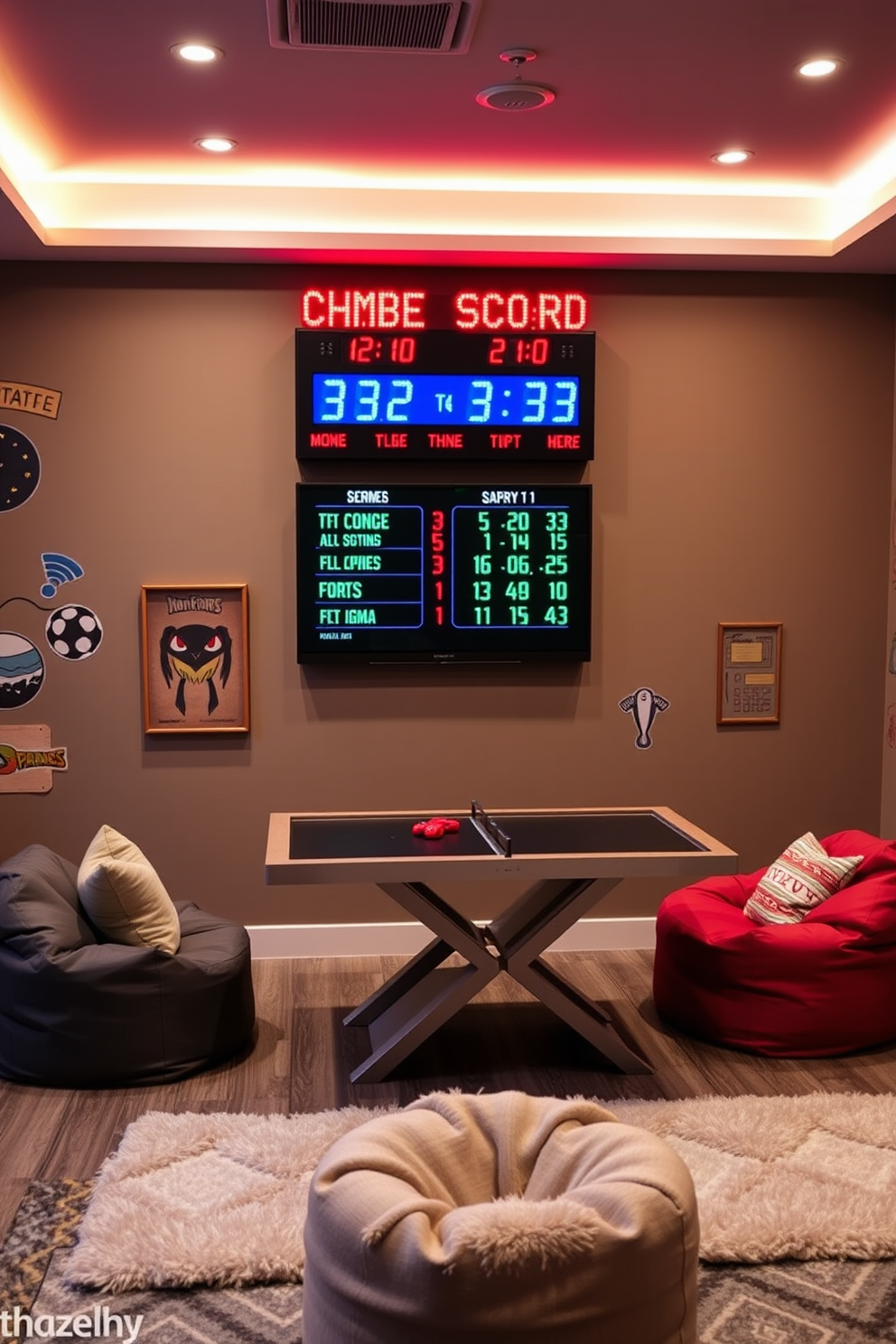 A personalized scoreboard for a competitive play area featuring a sleek design with a digital display that tracks scores in real time. The scoreboard is mounted on the wall above a stylish game table surrounded by comfortable seating, creating an engaging atmosphere for players. Havenly Game Room design ideas include a vibrant color palette that reflects energy and excitement, with playful wall art and lighting that enhances the gaming experience. Plush rugs and bean bag chairs provide a cozy touch, making the space inviting for both casual and competitive gaming sessions.