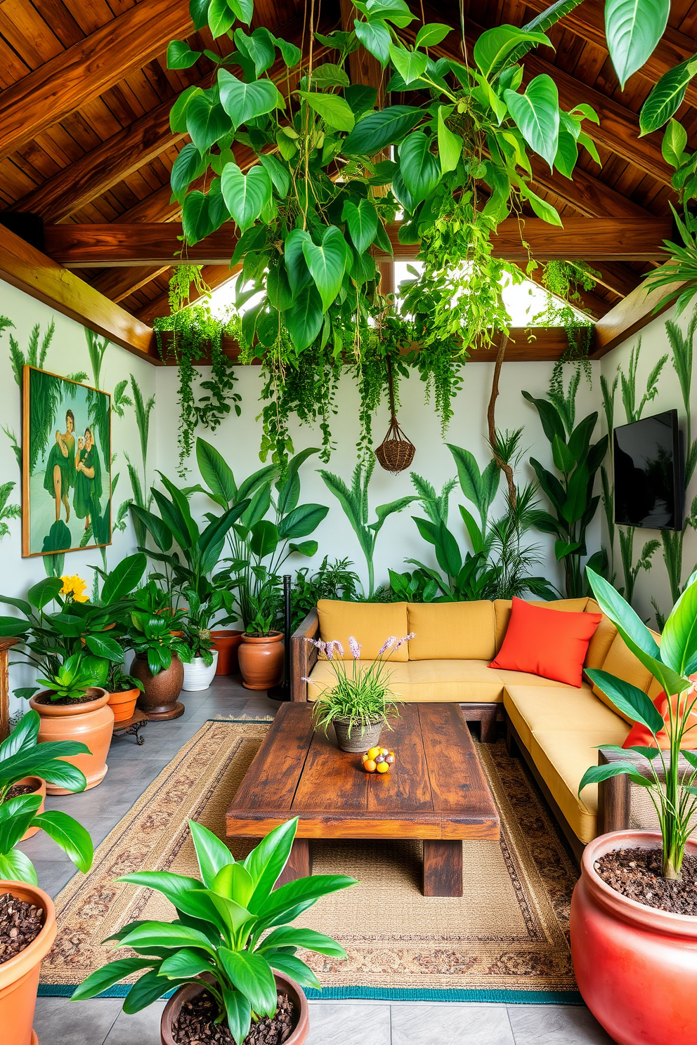 A vibrant outdoor-themed game room filled with lush greenery. The walls are adorned with botanical prints and the ceiling features wooden beams, creating a cozy atmosphere. Comfortable seating options include a large sectional sofa with bright cushions and a rustic coffee table made from reclaimed wood. Potted plants of various sizes are strategically placed around the room, enhancing the natural feel and inviting relaxation.