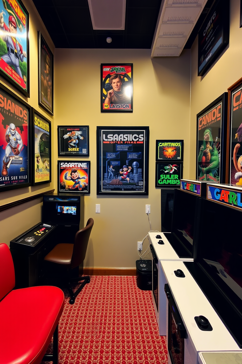 A cozy gaming area adorned with vintage posters that celebrate classic video games. The walls are lined with framed artwork featuring iconic characters and nostalgic scenes, creating an inviting atmosphere for gaming enthusiasts.