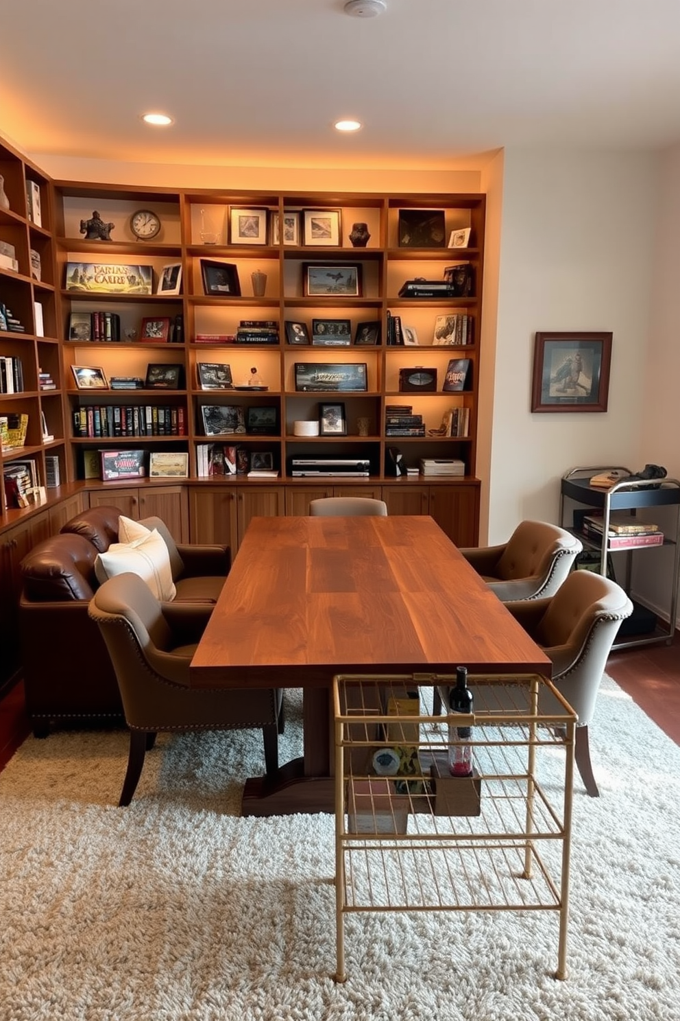 A dedicated space for tabletop games features a large wooden table at the center surrounded by comfortable upholstered chairs. The walls are adorned with shelves filled with board games and collectibles, while soft lighting creates a cozy atmosphere. The floor is covered with a plush area rug that adds warmth and defines the gaming area. A small bar cart in the corner holds snacks and drinks, making it the perfect spot for game nights with friends.