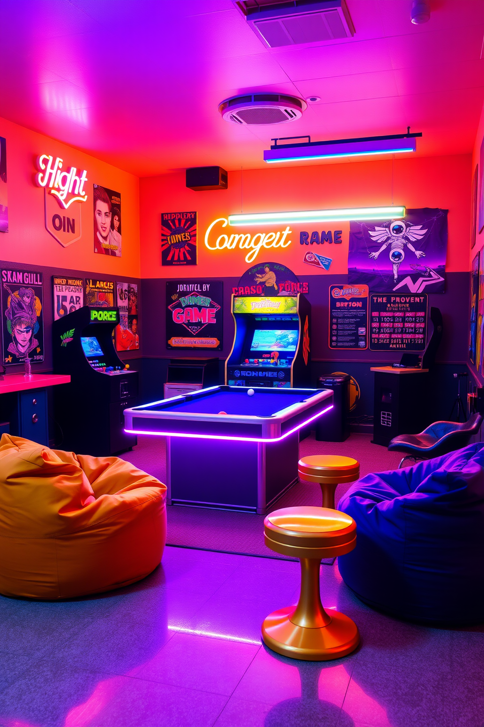 A lively game room designed with a retro arcade theme featuring vibrant neon lights illuminating the space. The walls are adorned with vintage arcade game posters and colorful murals, creating an energetic atmosphere. In the center of the room, a classic arcade machine stands next to a sleek pool table with neon accents. Comfortable bean bag chairs and retro stools provide ample seating for friends and family to enjoy gaming sessions together.