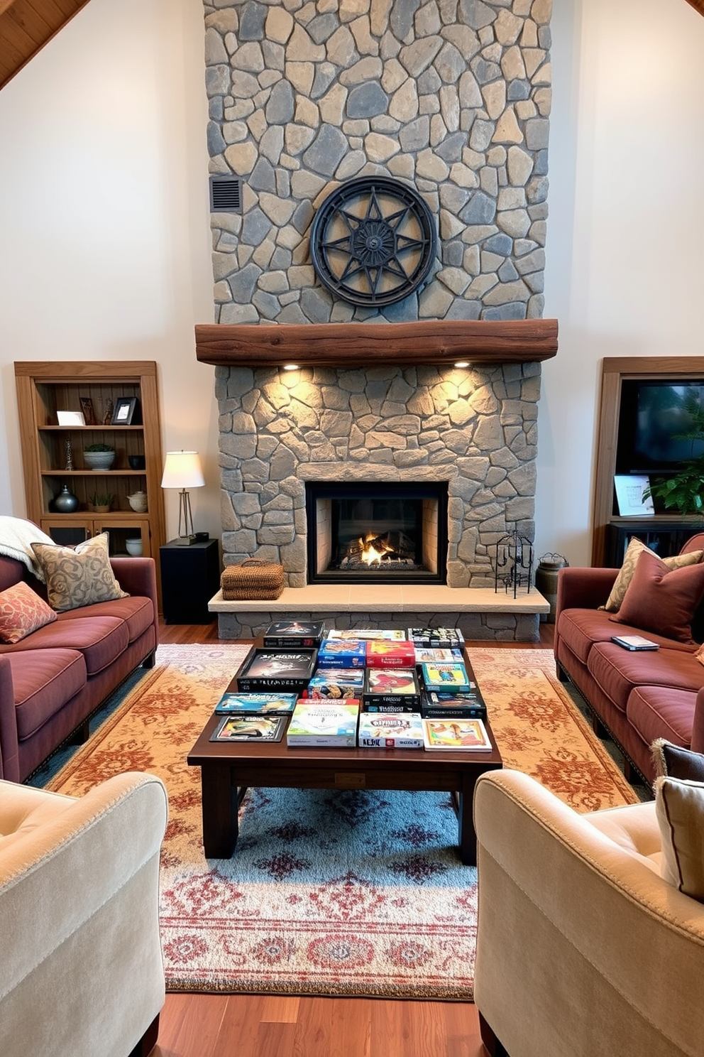 Cozy fireplace for winter game nights. A warm and inviting space features a large stone fireplace with a rustic wooden mantel, surrounded by comfortable seating options like plush sofas and oversized armchairs. The room is adorned with soft, ambient lighting and a large area rug that adds warmth underfoot. A coffee table in the center holds an assortment of board games and snacks, perfect for gathering with friends and family.