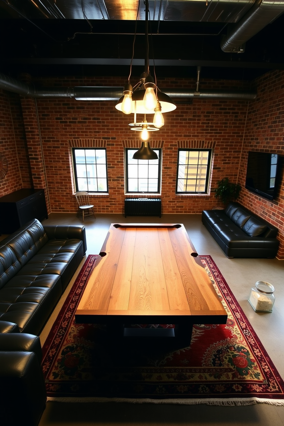 A modern game room featuring industrial style with exposed brick walls. The space includes a large sectional sofa in dark leather, a reclaimed wood coffee table, and a sleek pool table at the center. Overhead, pendant lights with Edison bulbs illuminate the area, creating a warm ambiance. The flooring is polished concrete, and a vintage rug adds a pop of color beneath the seating arrangement.