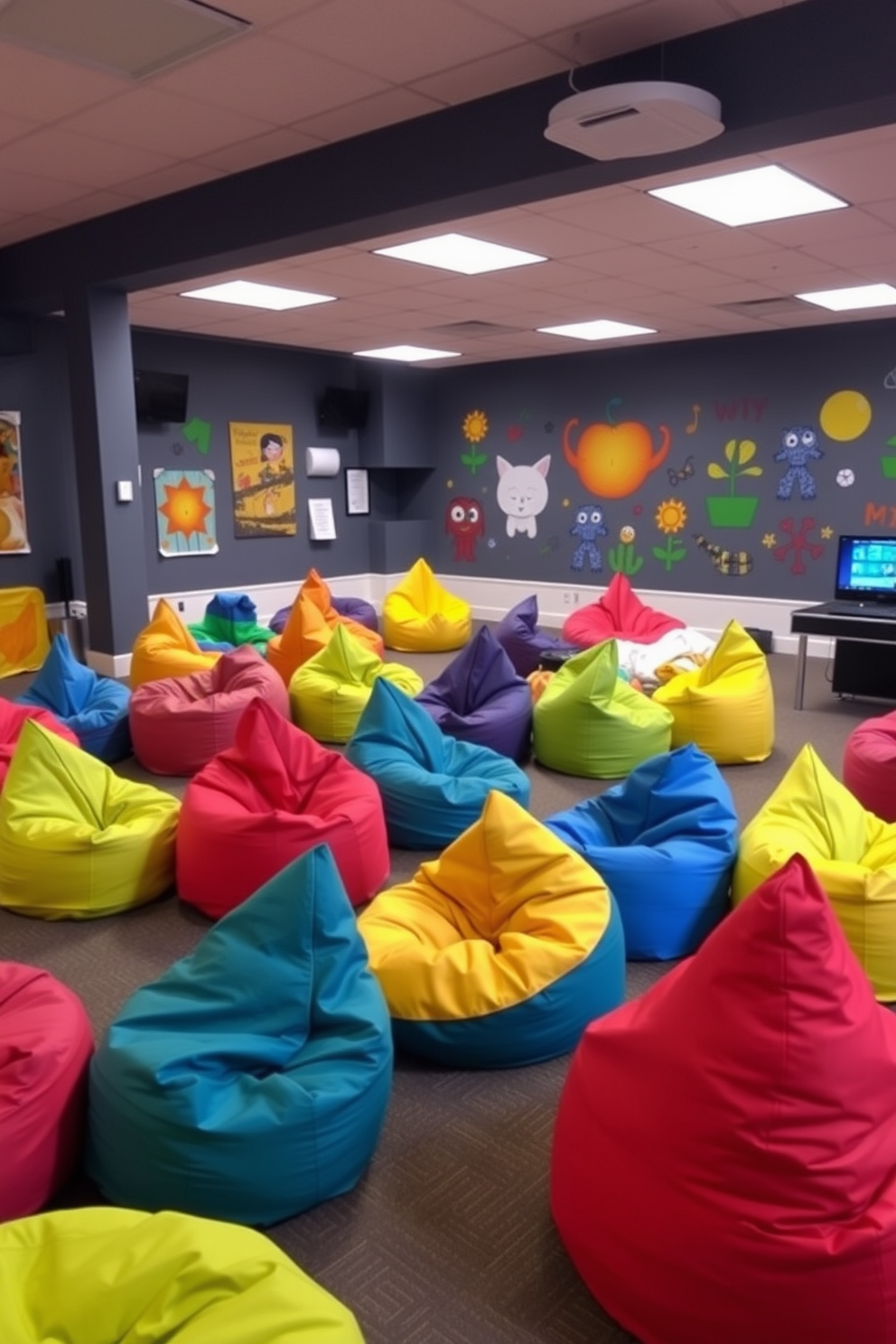 Colorful bean bags in various shapes and sizes are scattered throughout a spacious game room, providing playful and inviting seating options. The walls are adorned with vibrant artwork and playful decals, creating an energetic atmosphere perfect for relaxation and fun.