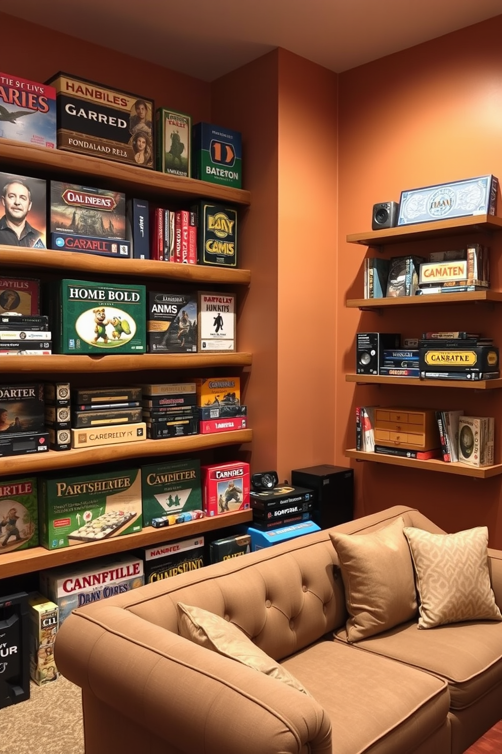 A cozy game room featuring rustic wooden shelves filled with a variety of board games. The walls are adorned with warm, earthy tones, and a plush seating area invites friends and family to gather and enjoy game nights together.