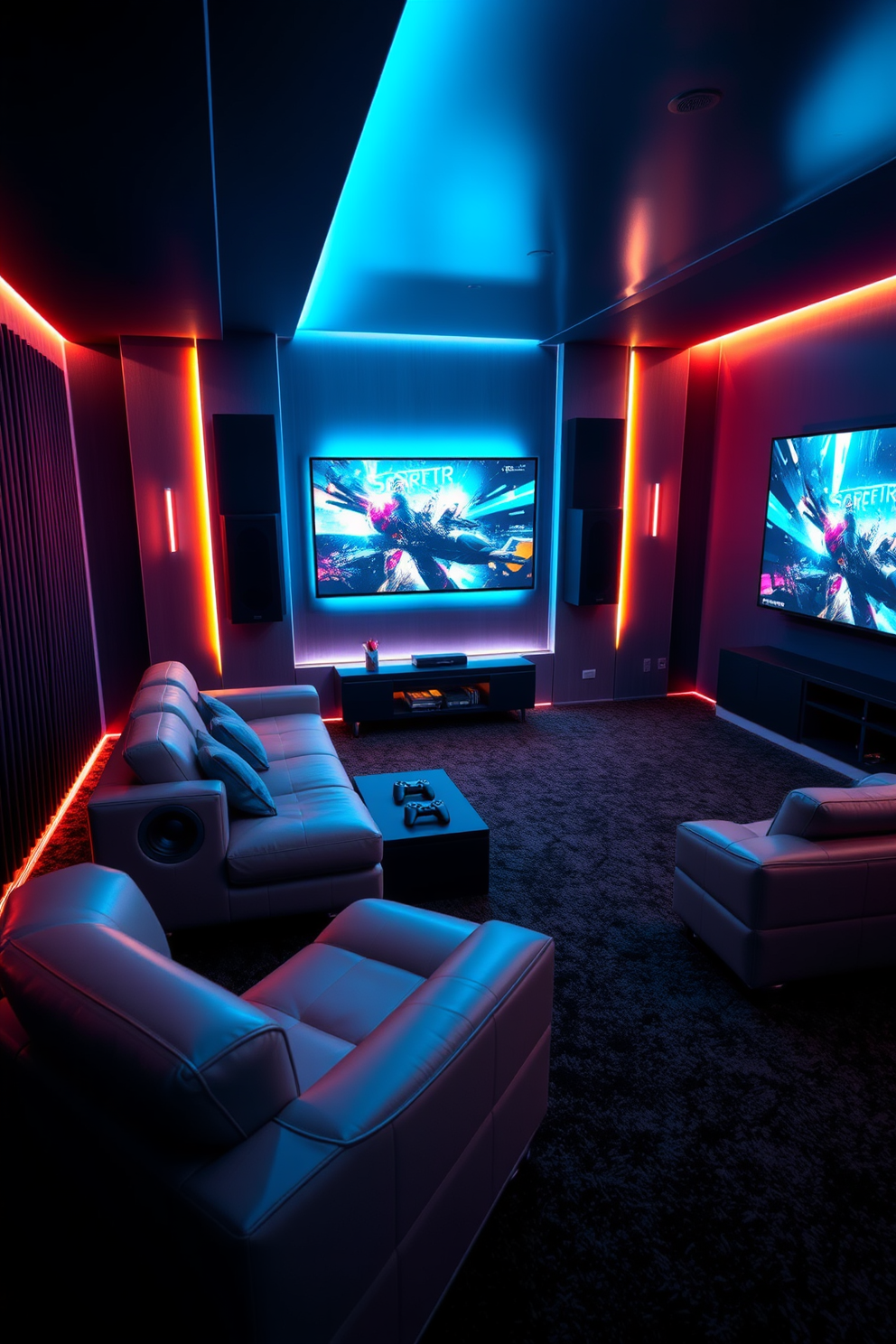 A modern game room designed for immersive gaming experiences. The room features a sleek sectional sofa with built-in speakers and ambient lighting that adjusts according to the game being played. A large flat-screen TV is mounted on the wall, flanked by soundproof panels for optimal acoustics. The floor is covered with a plush, dark carpet, and a coffee table holds game controllers and snacks for convenience.