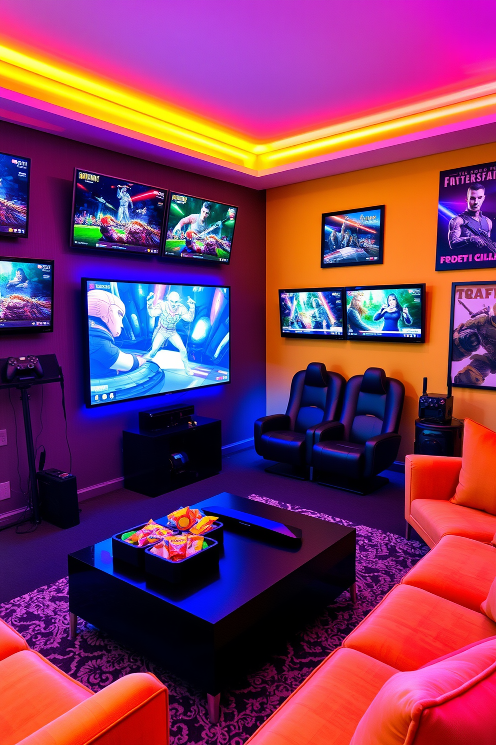 A vibrant game room featuring wall-mounted screens for multiplayer gaming. The room is adorned with plush seating arrangements and colorful LED lighting that enhances the energetic atmosphere. In one corner, a sleek gaming console is set up with a stylish coffee table and snacks ready for entertaining. The walls are decorated with framed artwork and posters of popular games, creating an immersive experience for players.