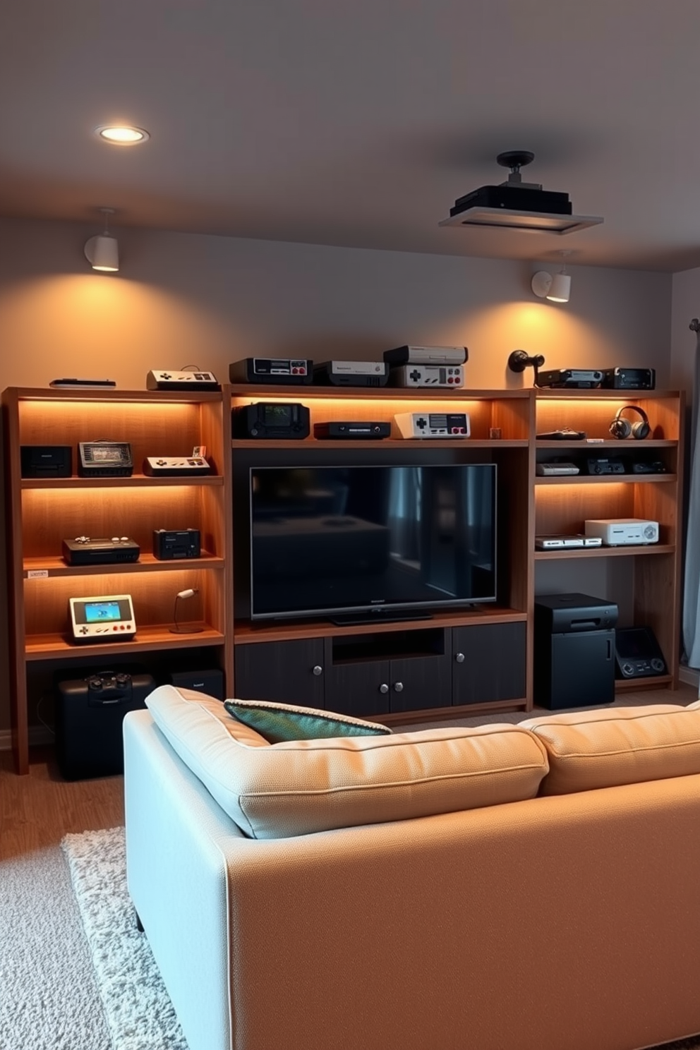 A cozy game room featuring vintage gaming consoles displayed on a stylish wooden shelf. The walls are painted in a soft gray, adding a modern touch to the nostalgic decor. A plush sectional sofa is positioned in front of a large screen, creating an inviting space for gaming and relaxation. Warm lighting fixtures illuminate the room, enhancing the retro vibe with a touch of contemporary elegance.