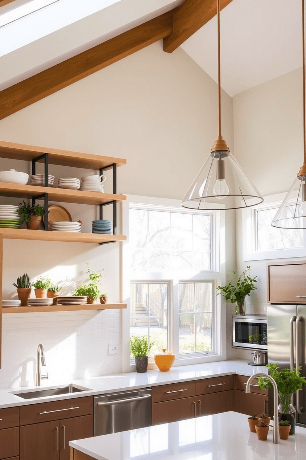 Open shelving above kitchen cabinets creates an airy and inviting atmosphere. The shelves are adorned with an array of colorful dishware and potted herbs, enhancing the kitchen's functionality and style. High ceilings in the kitchen design elevate the space, allowing for dramatic lighting fixtures to hang gracefully. Large windows invite natural light, illuminating the sleek countertops and modern appliances for a bright and welcoming environment.