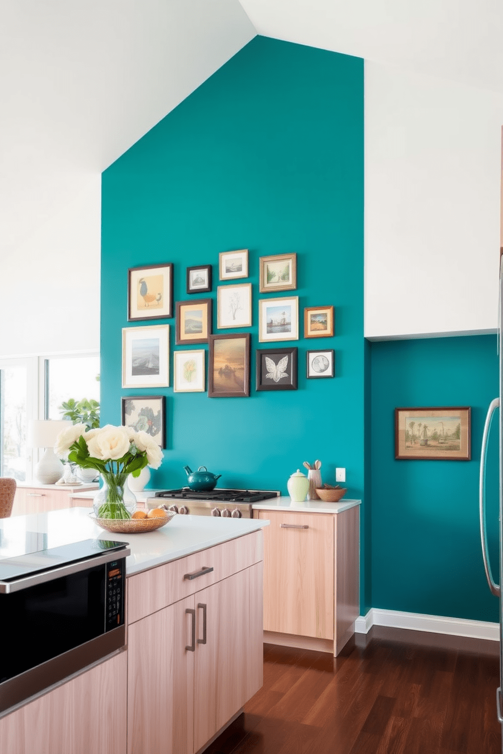 A vibrant accent wall painted in a rich teal color serves as the focal point of the kitchen. The wall is adorned with a collection of framed artwork that complements the overall decor. The kitchen features soaring ceilings that create an airy and spacious feel. Sleek cabinetry in a light wood finish contrasts beautifully with the bold accent wall, enhancing the modern aesthetic.