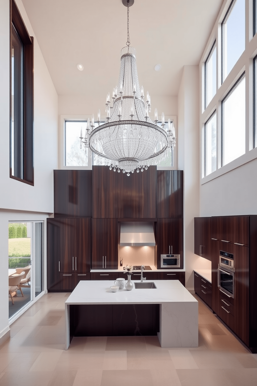 A high ceiling kitchen features a stunning chandelier that hangs gracefully above a large island. The cabinetry is sleek and modern, with a mix of dark wood and light finishes that enhance the spaciousness of the room. Large windows allow natural light to flood the space, accentuating the elegant design elements. The kitchen is equipped with state-of-the-art appliances, seamlessly integrated into the overall aesthetic.