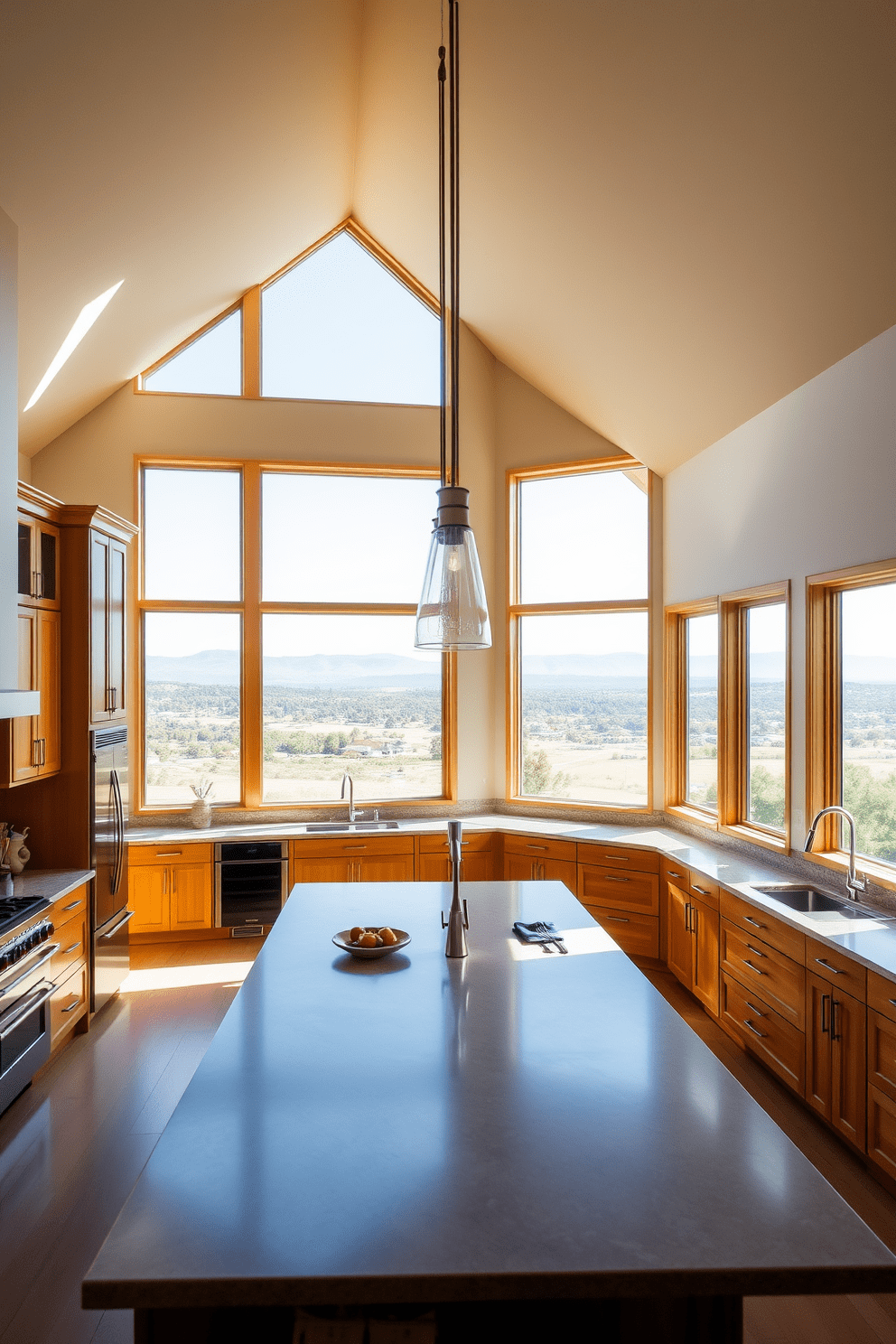 A spacious kitchen with large windows that offer panoramic views of the surrounding landscape. The abundant natural light floods the room, enhancing the warm tones of the cabinetry and countertops. The kitchen features a high ceiling that adds an airy feel to the space. Sleek pendant lights hang elegantly above the central island, creating a focal point for both cooking and entertaining.