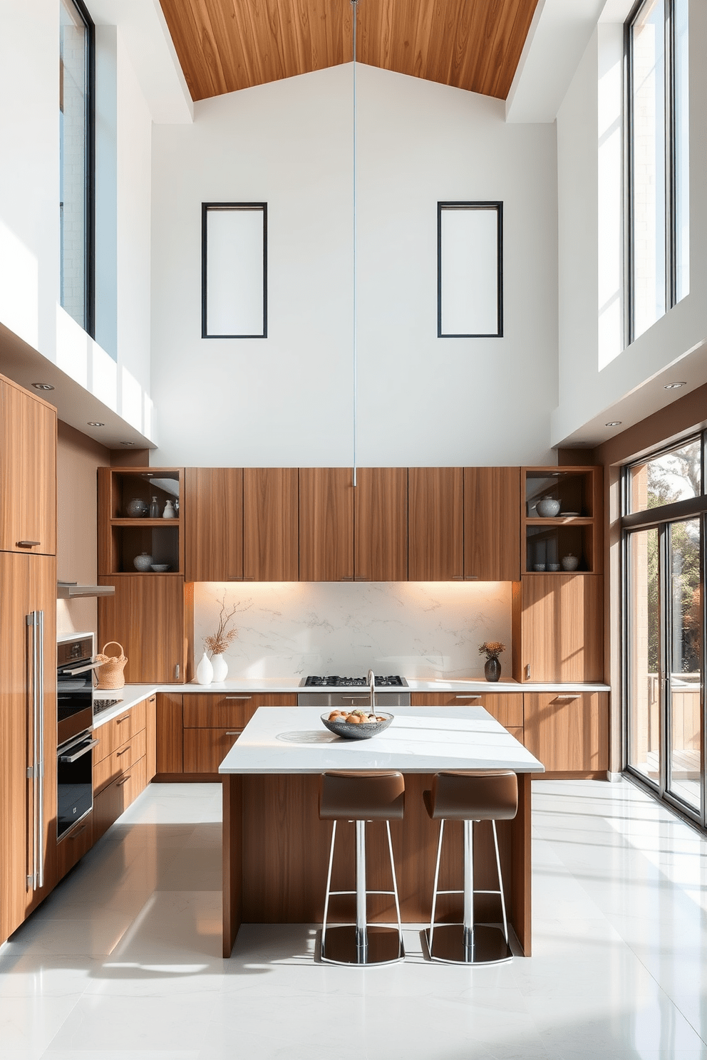 A high ceiling kitchen featuring integrated appliances for a seamless look. The cabinetry is sleek and modern, blending perfectly with the appliances to create a cohesive design. Natural light floods the space through large windows, highlighting the elegant finishes and open layout. A spacious island in the center serves as both a cooking and entertaining area, adorned with stylish bar stools.