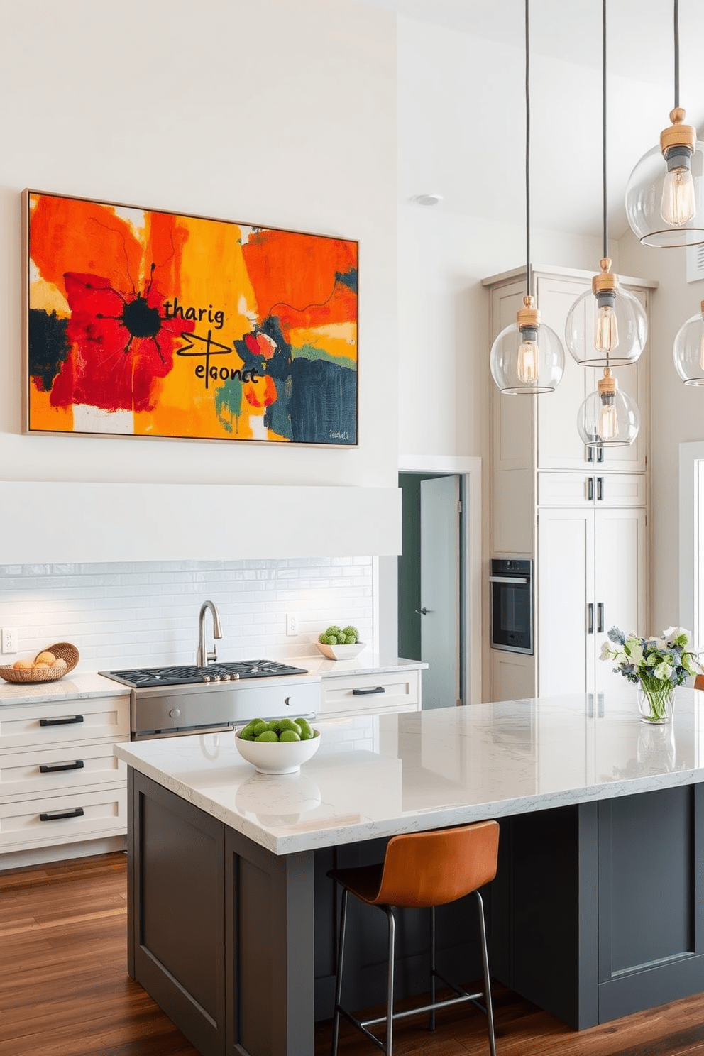 A modern kitchen featuring an eye-catching piece of abstract artwork above the island. The color palette of the kitchen complements the artwork, creating a cohesive and inviting atmosphere. A spacious kitchen with high ceilings adorned with elegant pendant lights. The design includes tall cabinetry that emphasizes the vertical space, enhancing the overall grandeur of the room.