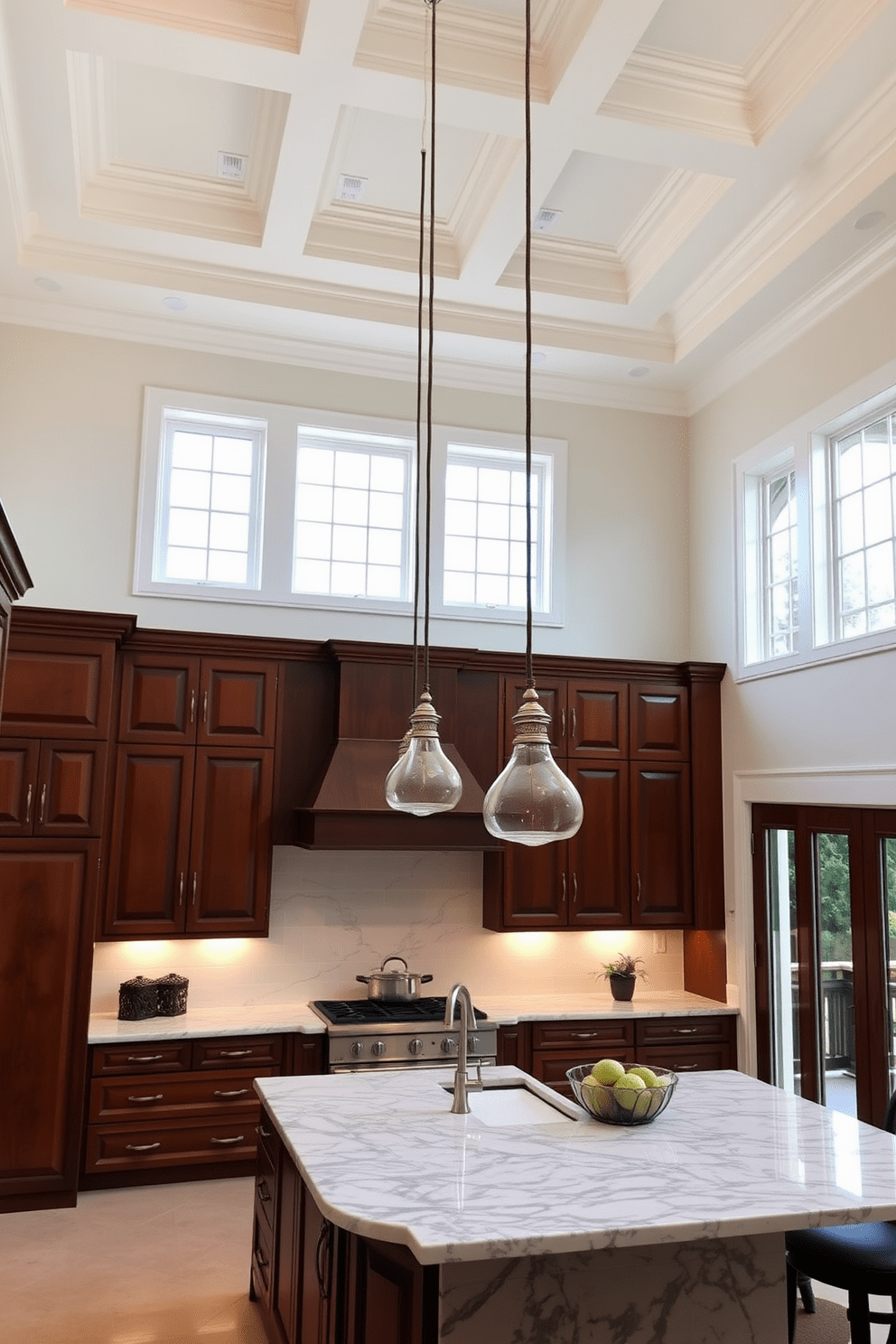 High ceilings with crown molding details create an airy and elegant atmosphere in the kitchen. The space features large windows that flood the room with natural light, enhancing the richness of the cabinetry. The kitchen island is adorned with a stunning marble countertop, providing ample space for meal preparation and casual dining. Pendant lights hang gracefully above the island, adding a touch of sophistication and warmth to the room.