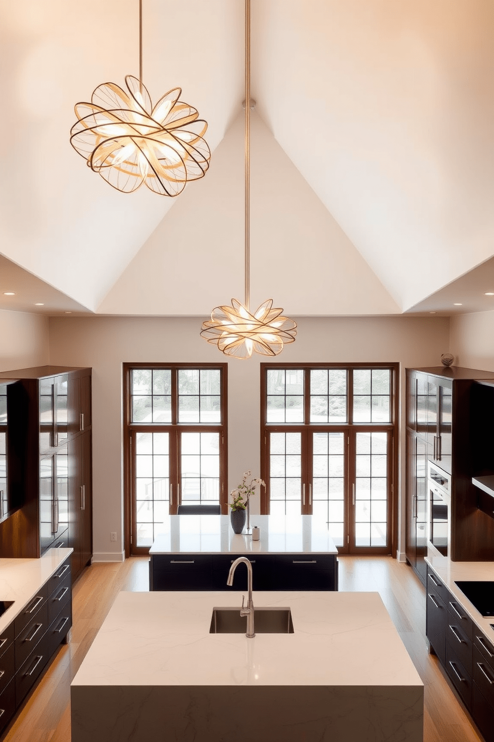 A spacious kitchen with a high ceiling features unique light fixtures that serve as stunning focal points. The fixtures hang elegantly above a large central island, illuminating the space with a warm glow. The cabinetry is sleek and modern, with a mix of dark wood and glossy white finishes. Large windows allow natural light to flood in, enhancing the airy atmosphere of the room.