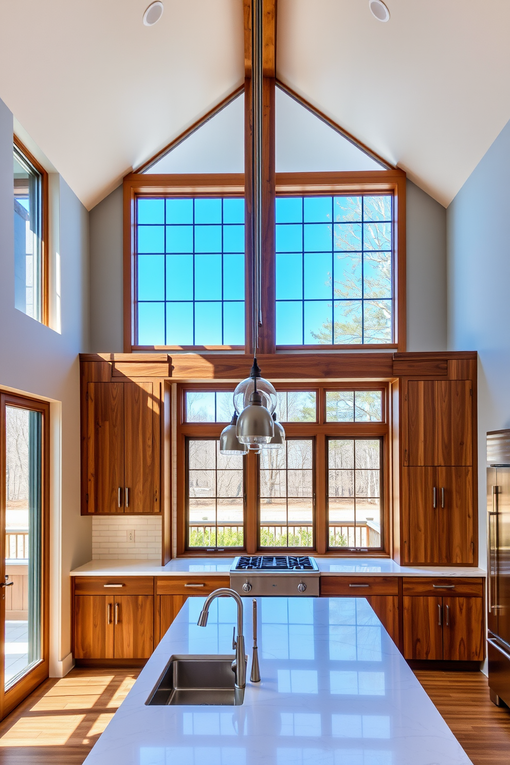 A high ceiling kitchen featuring a custom range hood that adds character to the space. The range hood is crafted from reclaimed wood, complementing the warm tones of the cabinetry and the expansive windows that flood the room with natural light. The kitchen island is topped with a stunning quartz countertop, providing ample space for meal preparation. Pendant lights hang elegantly above the island, enhancing the modern yet rustic charm of the kitchen design.