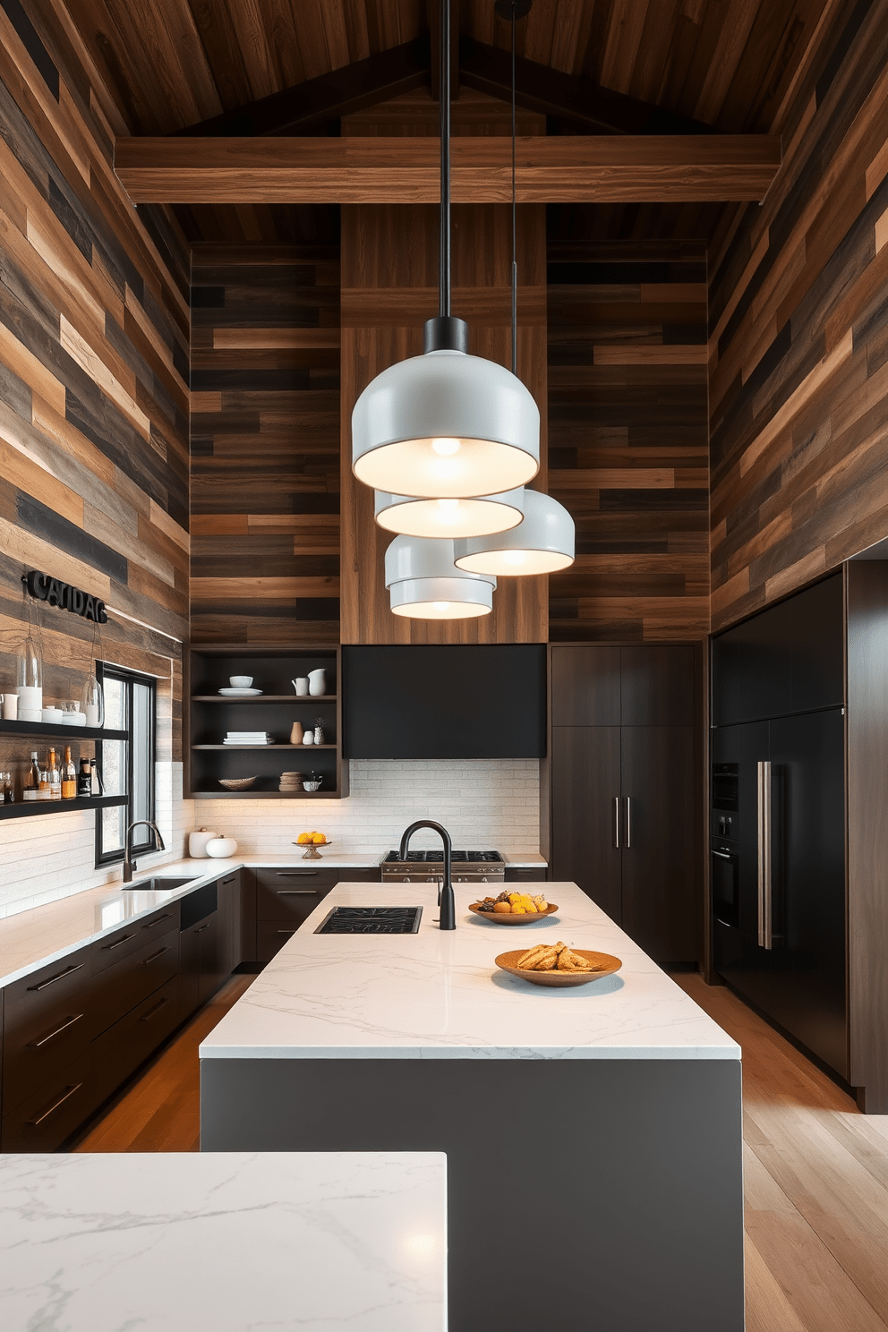 A spacious kitchen with high ceilings showcasing a blend of textures for a layered look. The walls are adorned with rustic wooden panels, while sleek marble countertops provide a modern contrast. Large pendant lights hang gracefully from the ceiling, illuminating the space with a warm glow. A combination of open shelving and closed cabinetry offers both functionality and style, featuring a mix of matte and glossy finishes.