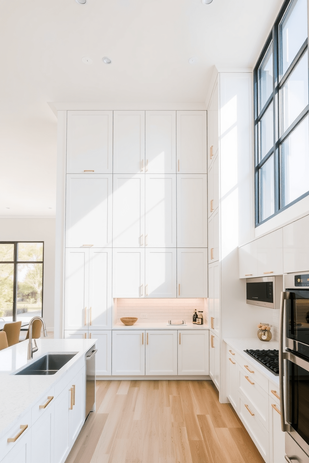 A high ceiling kitchen with tall cabinets that reach the ceiling for ample storage. The cabinets are finished in a sleek white with brass handles, complementing the open space and natural light flooding in from large windows.