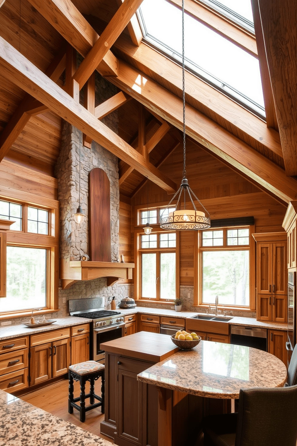 A high ceiling kitchen featuring natural wood beams and stone accents creates an inviting atmosphere. The cabinetry is crafted from reclaimed wood, and the countertops are made of polished granite with earthy tones. Large windows allow natural light to flood the space, enhancing the warmth of the materials. A central island made of butcher block serves as a functional centerpiece, surrounded by comfortable seating for casual dining.