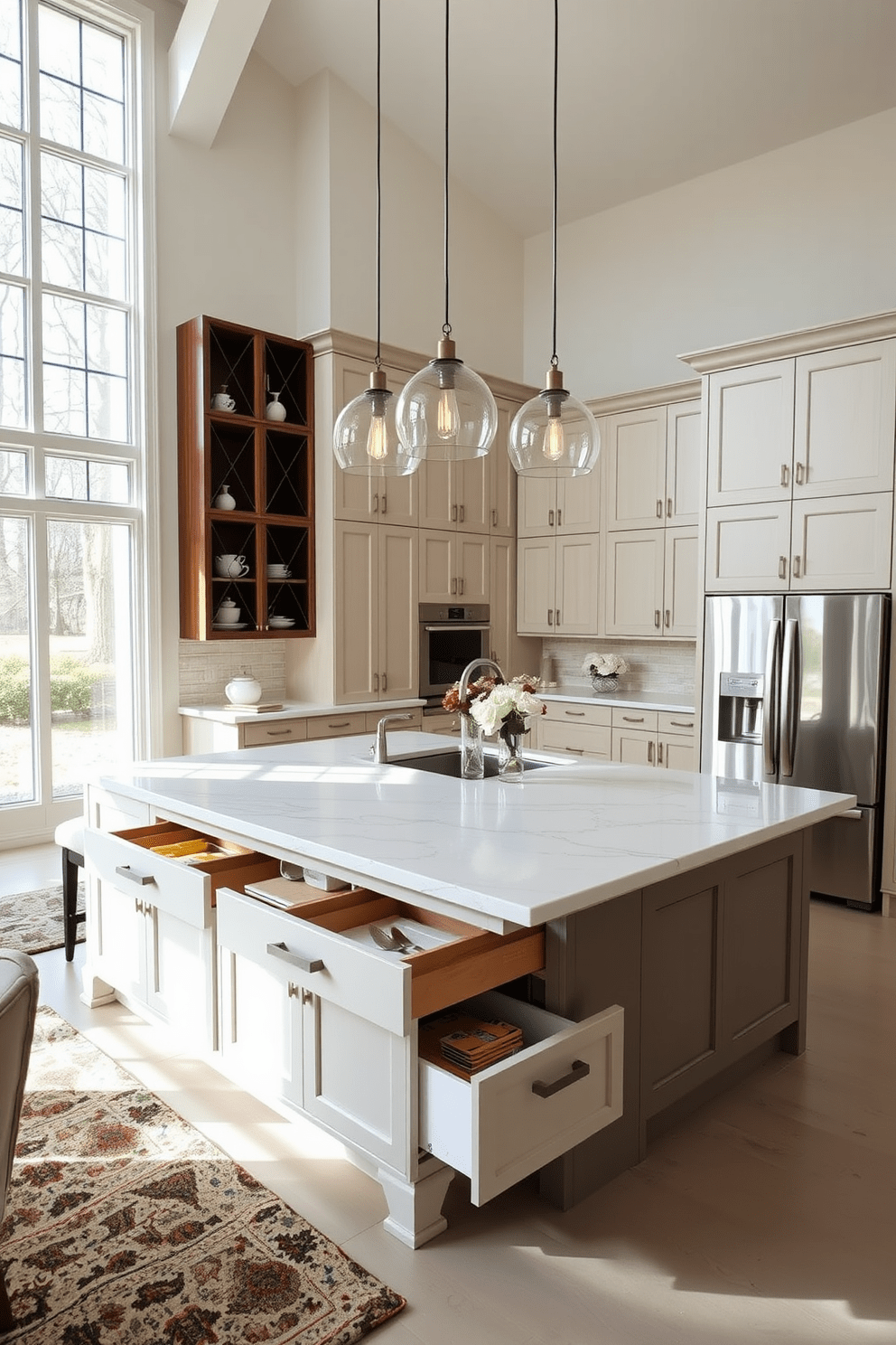 A functional kitchen island with ample storage solutions features a large central countertop made of quartz with bar seating on one side. Below the countertop, there are pull-out drawers and cabinets designed for easy access to kitchen essentials. High ceiling kitchen design ideas incorporate tall cabinetry that reaches up to the ceiling, creating a sense of grandeur and maximizing storage space. Large windows allow natural light to flood the room, enhancing the airy feel and showcasing elegant pendant lighting above the island.