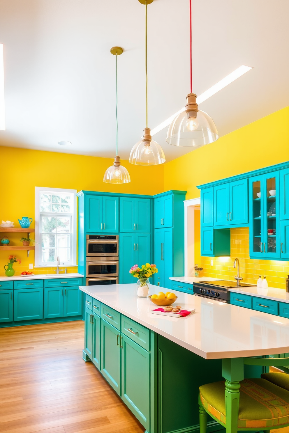 A bright and airy kitchen featuring a vibrant color palette of yellows, blues, and greens. The high ceiling enhances the spaciousness, adorned with stylish pendant lights that add a modern touch. The cabinetry is a cheerful shade of turquoise, complemented by a sunny yellow backsplash. A large island in the center provides ample workspace and is topped with a white quartz countertop for a fresh and inviting atmosphere.