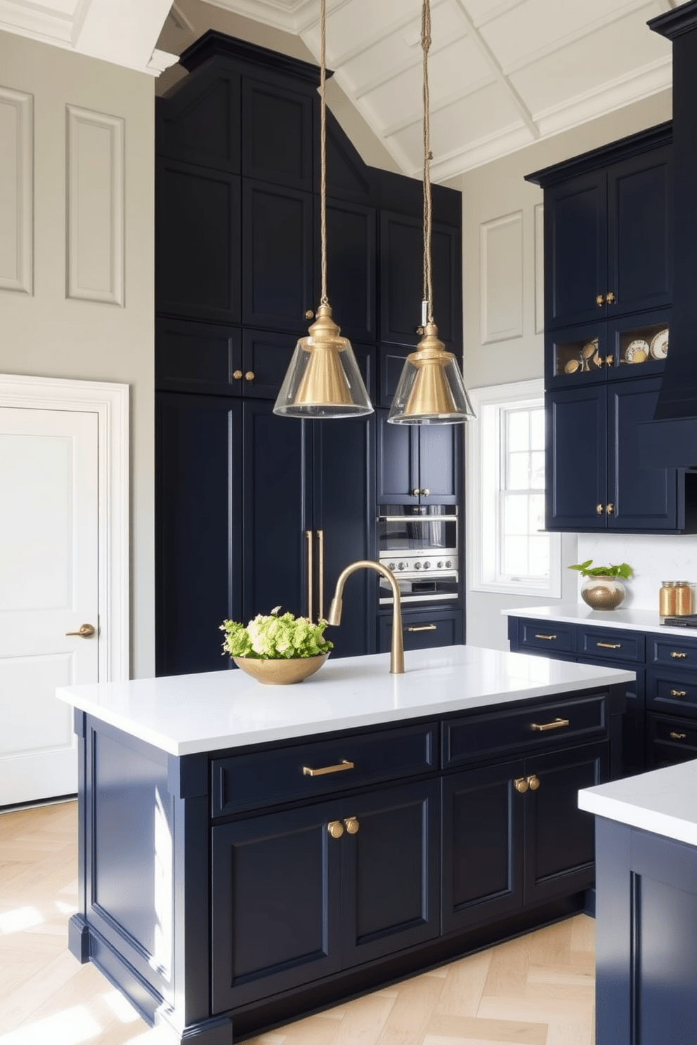 A spacious kitchen with high ceilings featuring decorative wall paneling that adds depth and texture to the space. The cabinetry is a rich navy blue, complemented by brass hardware and a large central island with a white quartz countertop.