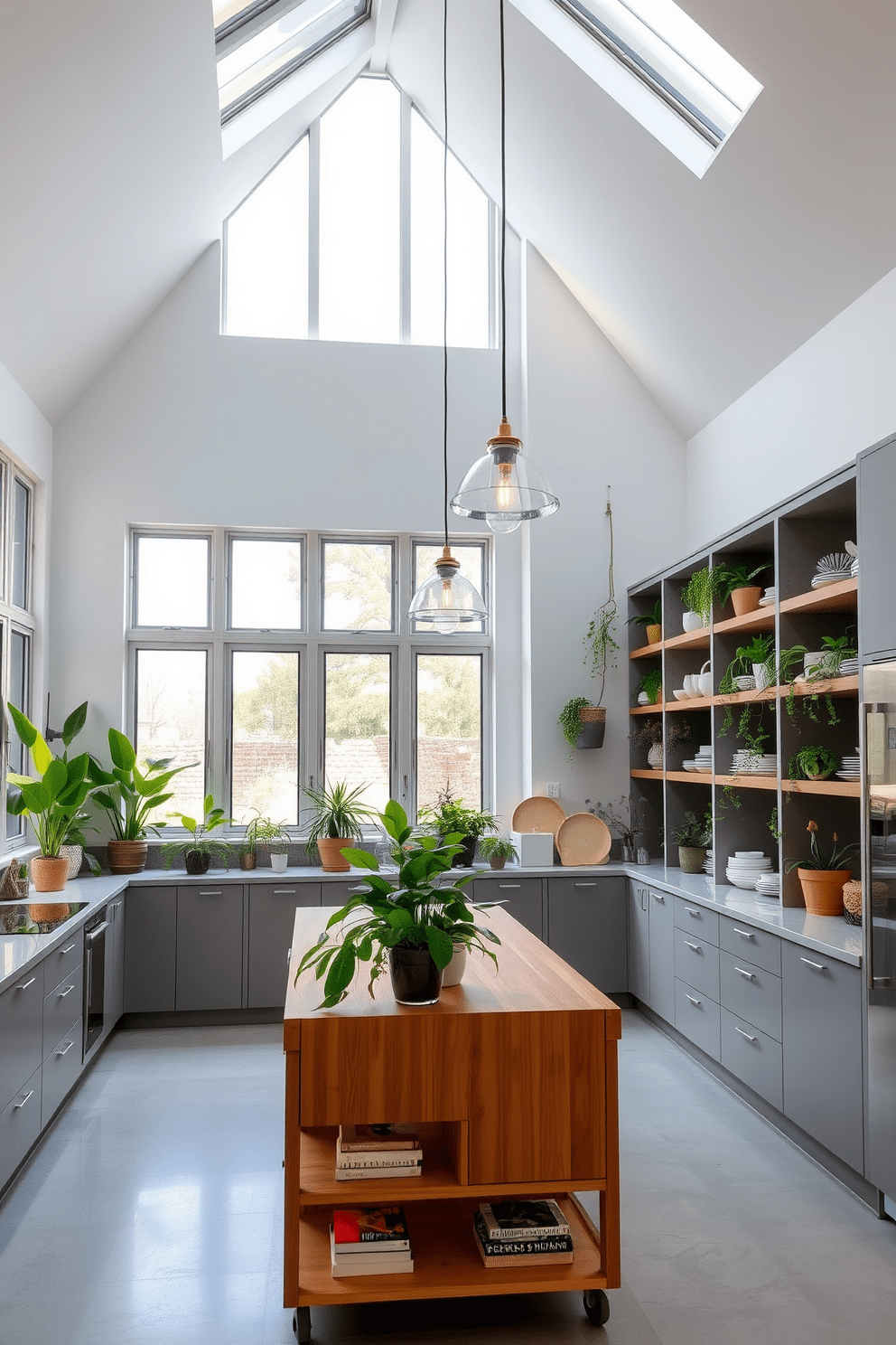 A spacious kitchen with a high ceiling featuring large windows that allow natural light to flood the room. Sleek cabinetry in a soft gray complements the warm wooden island, while various indoor plants are strategically placed on the countertops and shelves to bring a touch of nature indoors. The kitchen is designed with open shelving that showcases vibrant green plants alongside stylish dishware. Pendant lights hang elegantly from the ceiling, illuminating the space and creating a welcoming atmosphere.