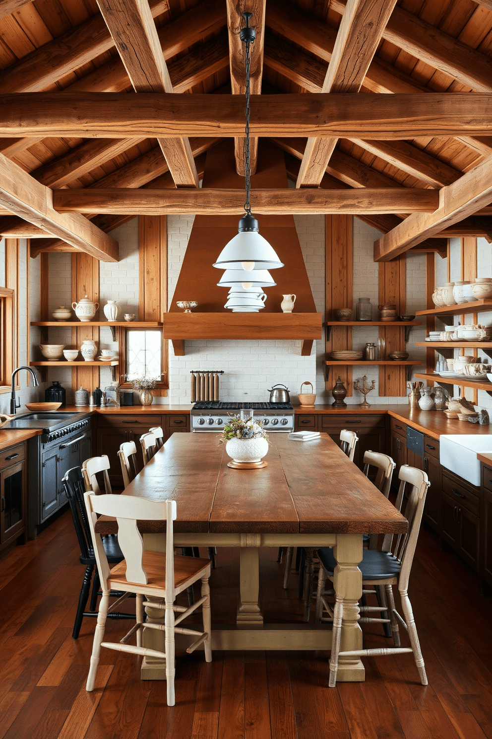 A charming kitchen filled with rustic elements. Exposed wooden beams create a warm ambiance while a large farmhouse table sits at the center, surrounded by mismatched chairs. The kitchen features a vintage stove and open shelving displaying handcrafted pottery. Soft pendant lights hang above the workspace, illuminating the rich wooden countertops and a large apron sink.