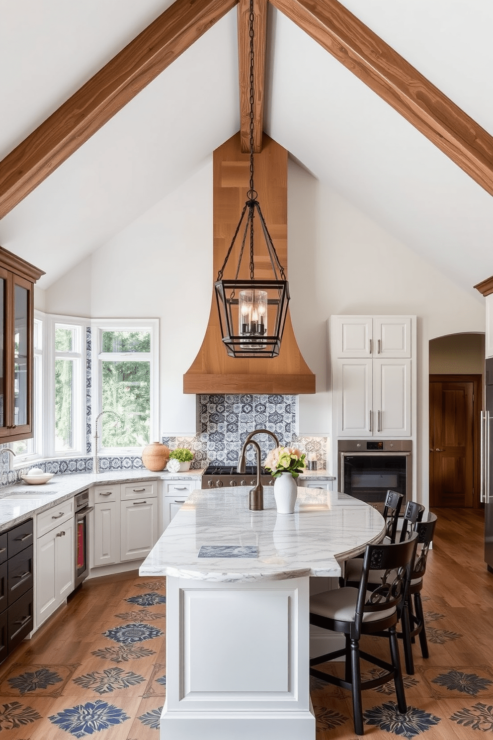 Artful tile patterns for visual appeal. The kitchen features a stunning backsplash made of intricately designed ceramic tiles in various shades of blue and white, creating a vibrant focal point. High ceiling kitchen design ideas. The space boasts expansive vaulted ceilings adorned with exposed wooden beams, enhancing the airy feel while complementing the elegant pendant lighting hanging above the large central island.