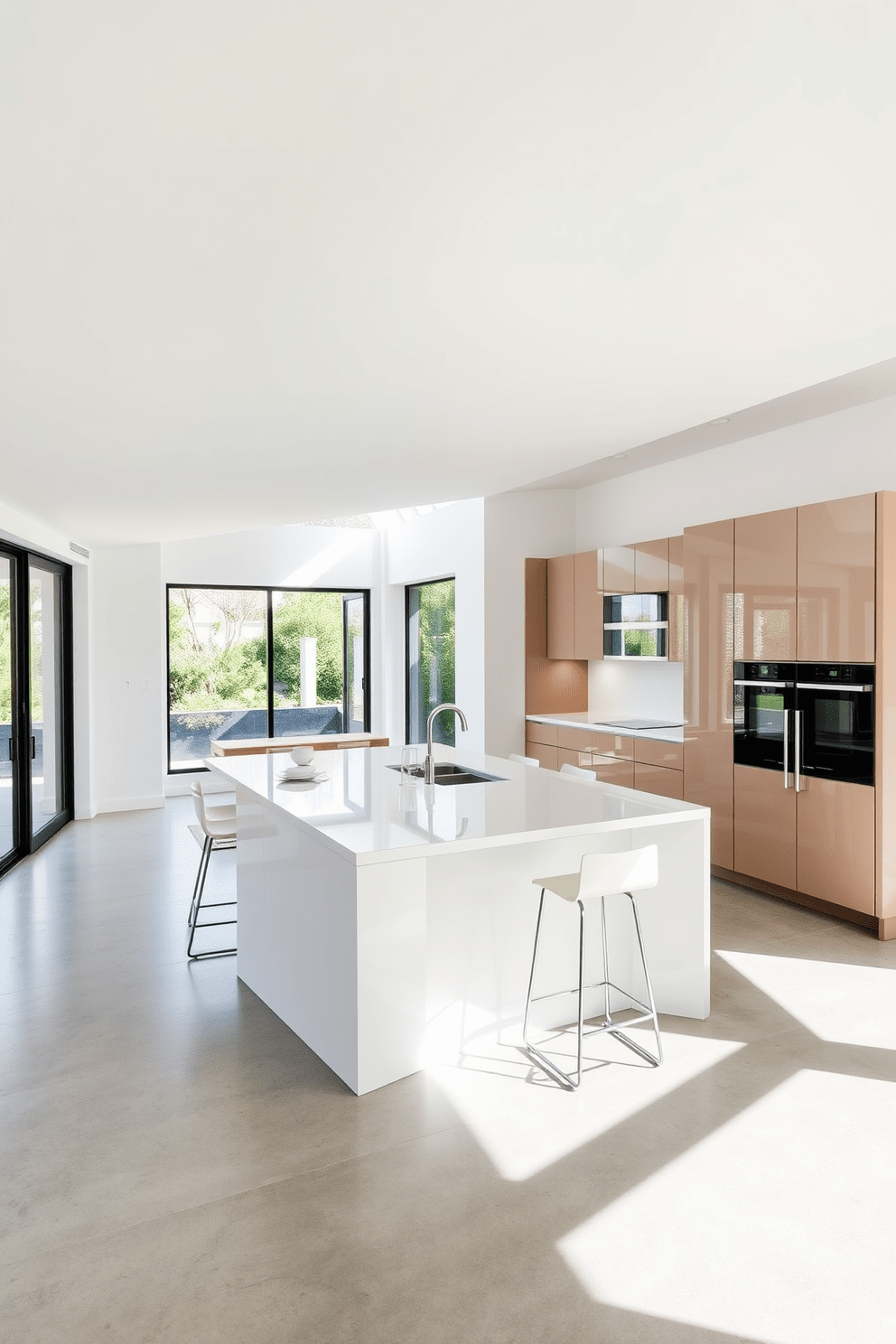 A minimalist kitchen design featuring sleek cabinetry with a high-gloss finish. The open space showcases a large central island with a smooth white countertop and minimalist bar stools. Natural light floods the room through expansive floor-to-ceiling windows, highlighting the clean lines and uncluttered surfaces. The walls are painted in a soft neutral tone, complementing the polished concrete flooring.