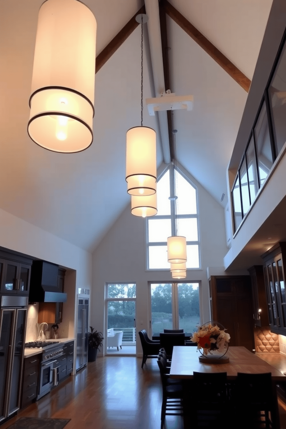 A high ceiling kitchen features large pendant lights that create a dramatic effect. The spacious room is filled with natural light, enhancing the elegance of the design.