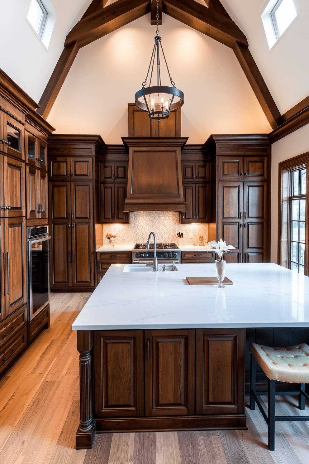 A high ceiling kitchen with warm lighting creates an inviting ambiance. The space features elegant wooden cabinetry paired with a large island topped with white quartz, perfect for entertaining.