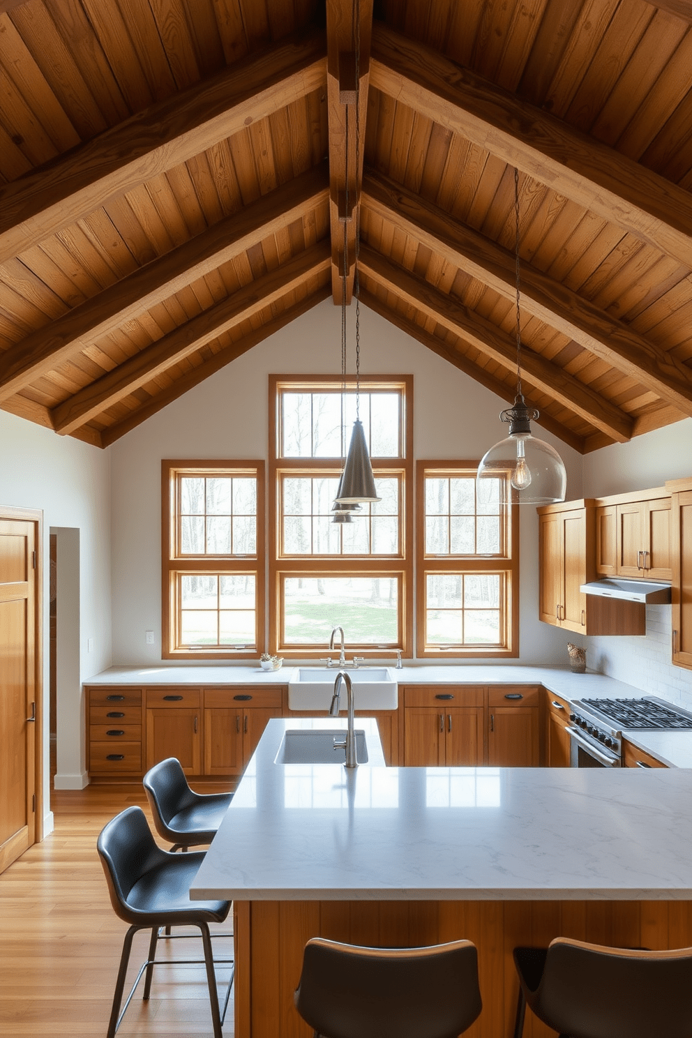 A spacious kitchen with a vaulted ceiling featuring exposed wooden beams creates an inviting atmosphere. The kitchen island is topped with a sleek quartz countertop, complemented by stylish bar stools that enhance the open layout. Natural light floods the space through large windows, highlighting the warm tones of the wooden cabinetry. A modern farmhouse sink sits beneath the windows, flanked by elegant pendant lights that add a touch of sophistication.