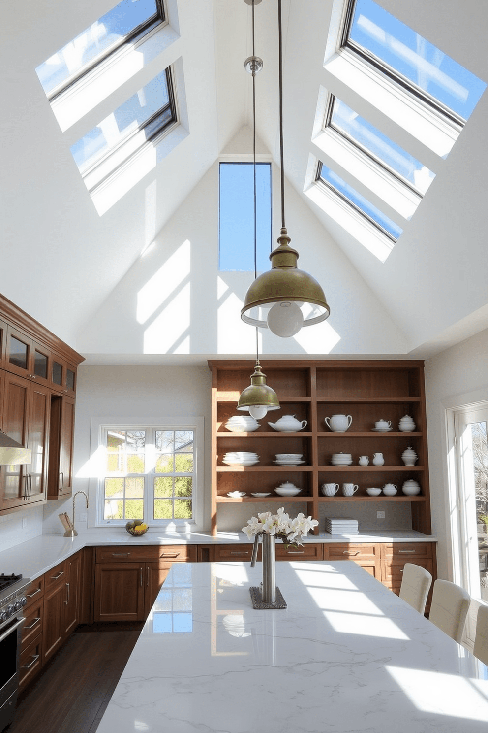 Bright skylights flood the kitchen with natural light, creating an airy and inviting atmosphere. The high ceiling adds a sense of grandeur, allowing for tall cabinetry and open shelving that showcase beautiful dishware. The kitchen features a large island with a sleek quartz countertop, perfect for meal prep and casual dining. Pendant lights hang gracefully from the ceiling, providing both illumination and a stylish focal point.